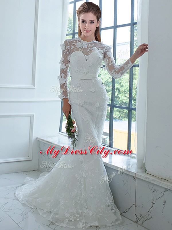 Elegant White Lace Lace Up High-neck Long Sleeves Wedding Dresses Brush Train Lace