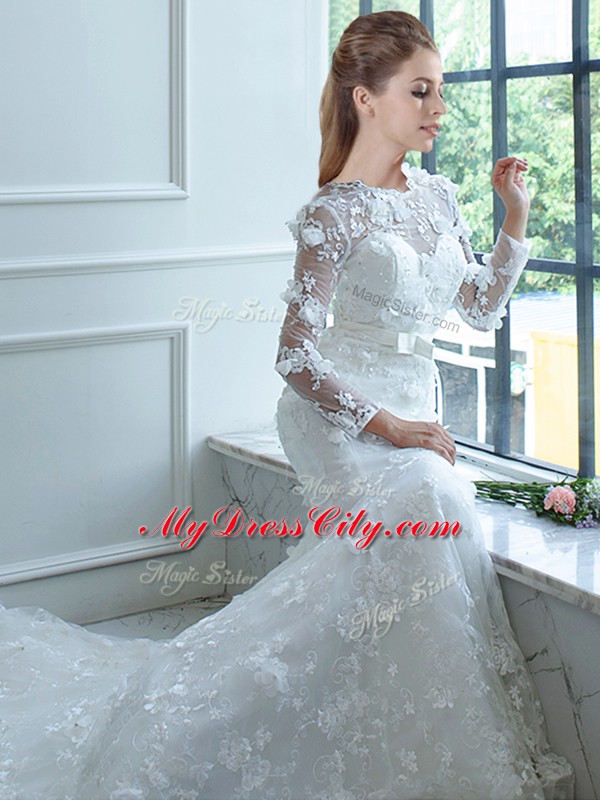 Elegant White Lace Lace Up High-neck Long Sleeves Wedding Dresses Brush Train Lace