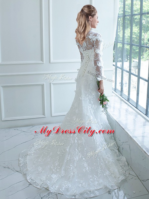 Elegant White Lace Lace Up High-neck Long Sleeves Wedding Dresses Brush Train Lace