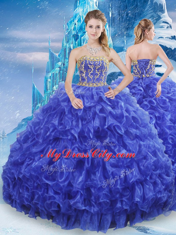 Royal Blue Sleeveless Organza Lace Up Quinceanera Dress for Military Ball and Sweet 16 and Quinceanera