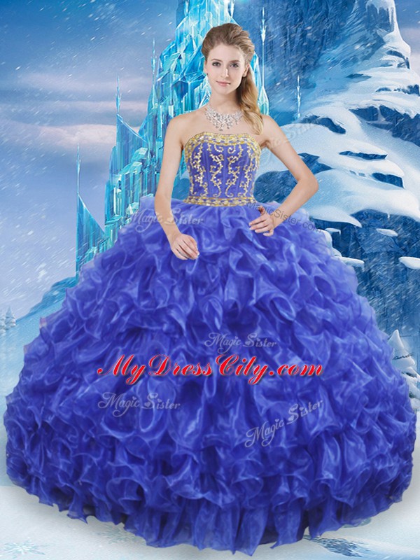 Royal Blue Sleeveless Organza Lace Up Quinceanera Dress for Military Ball and Sweet 16 and Quinceanera