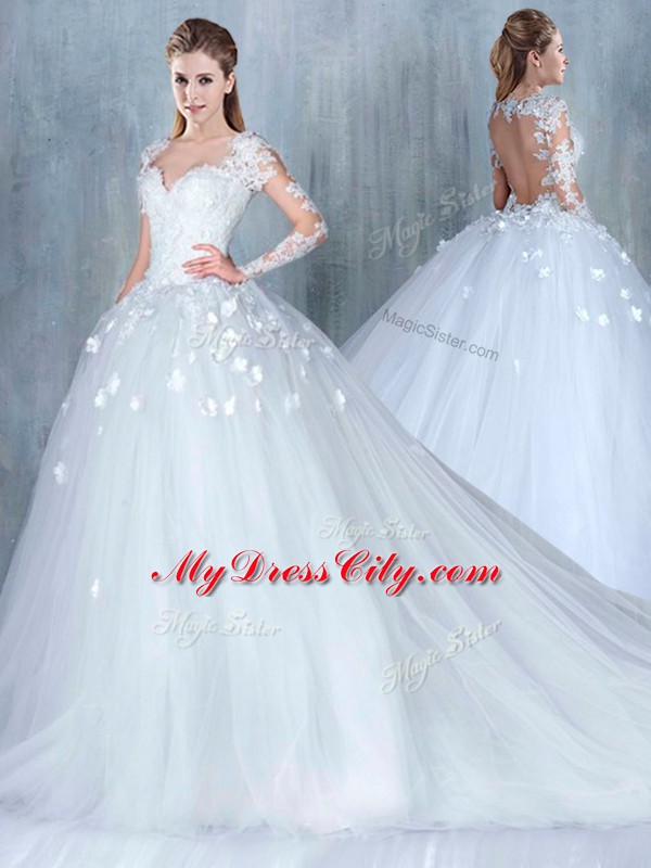 Sweetheart Long Sleeves Wedding Dresses Court Train Lace White Tulle