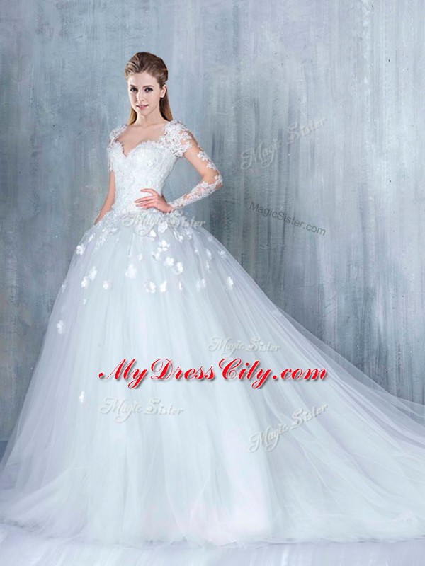 Sweetheart Long Sleeves Wedding Dresses Court Train Lace White Tulle