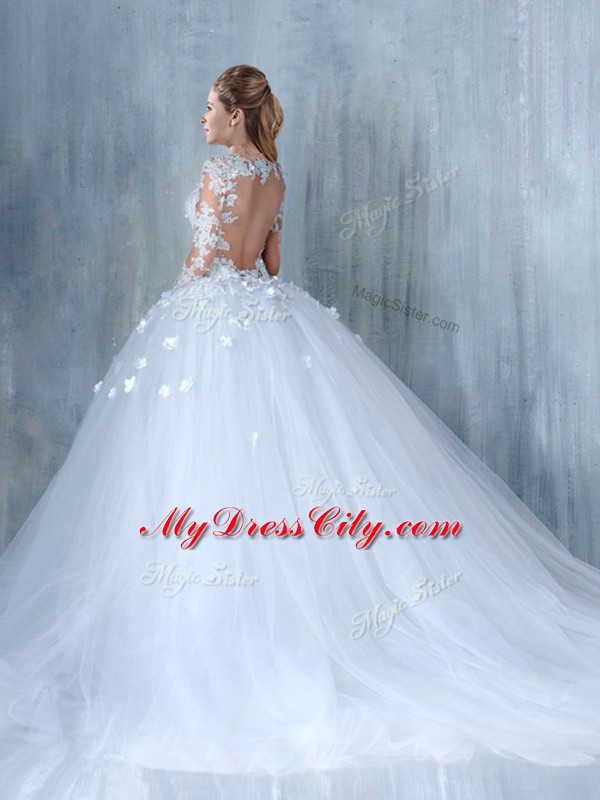 Sweetheart Long Sleeves Wedding Dresses Court Train Lace White Tulle