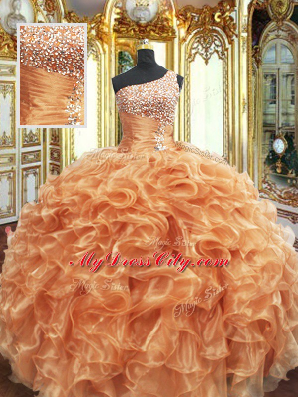 Beading and Ruffles Quinceanera Dresses Orange Lace Up Sleeveless Floor Length