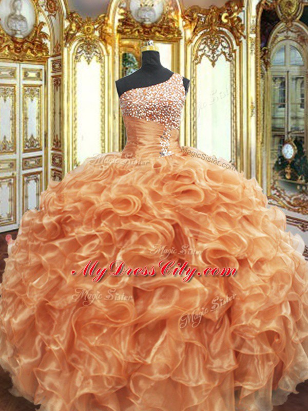 Beading and Ruffles Quinceanera Dresses Orange Lace Up Sleeveless Floor Length