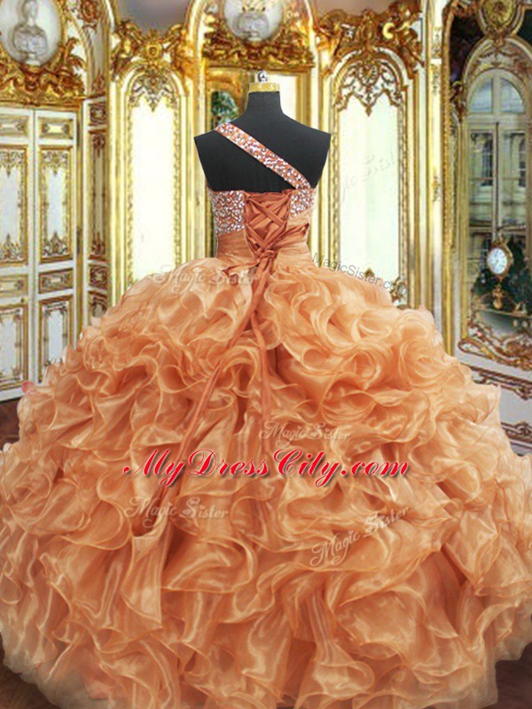 Beading and Ruffles Quinceanera Dresses Orange Lace Up Sleeveless Floor Length