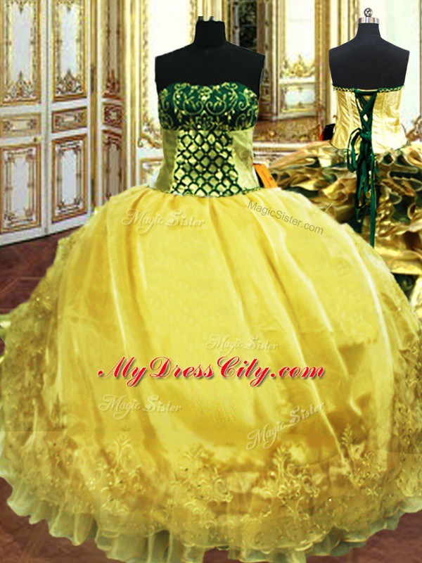 Captivating Gold 15th Birthday Dress Military Ball and Sweet 16 and Quinceanera with Embroidery and Ruffles Sweetheart Sleeveless Lace Up