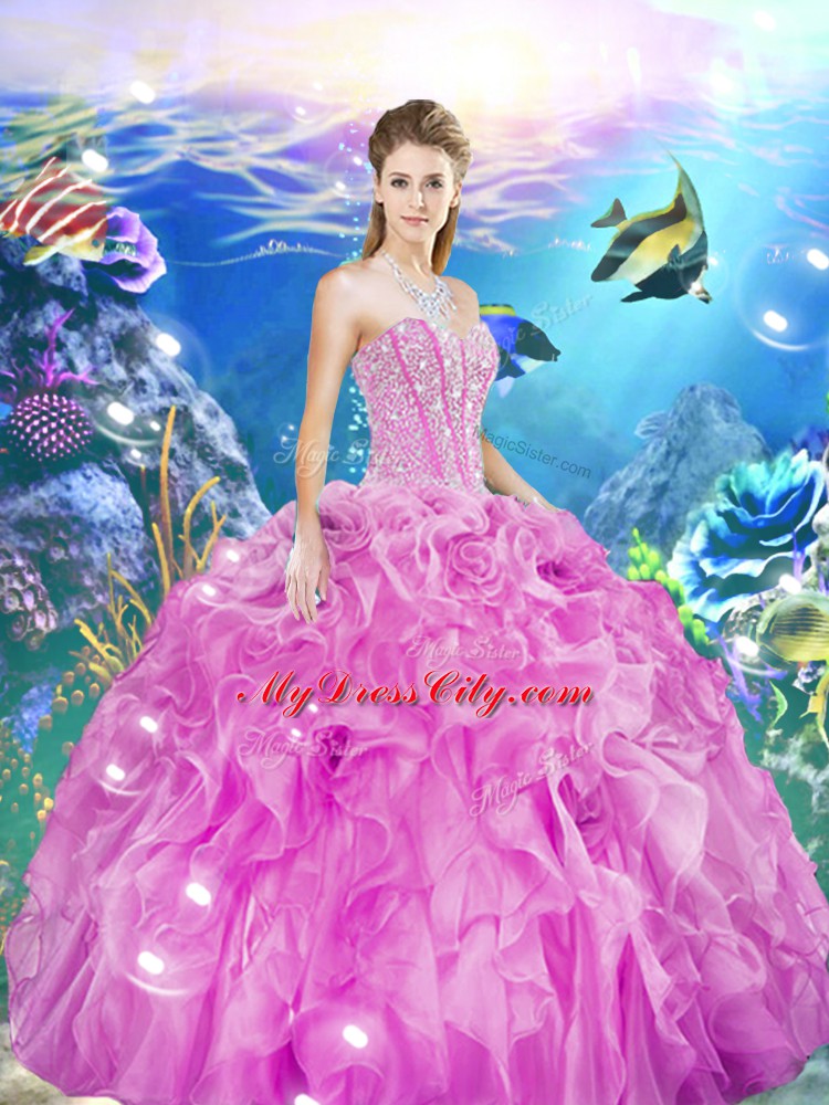 Smart Rose Pink Lace Up Sweetheart Beading and Ruffles Quinceanera Dresses Organza Sleeveless