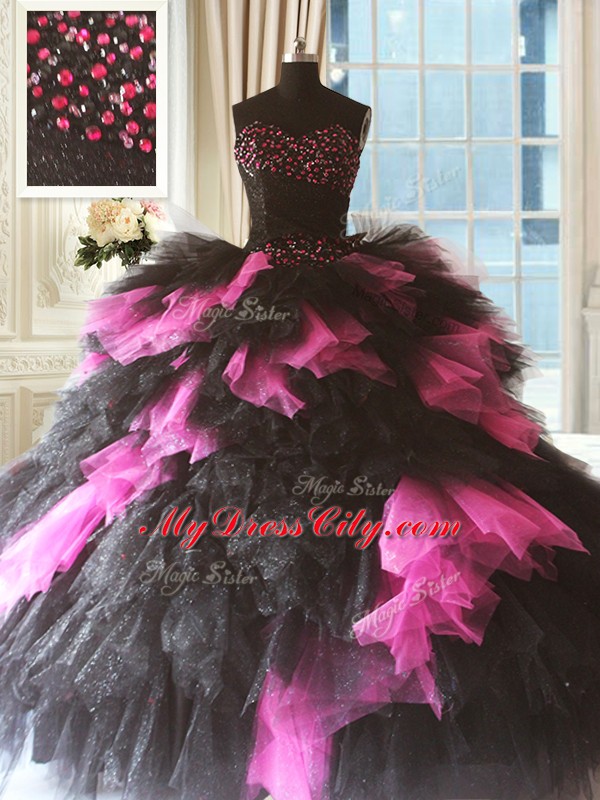 Ball Gowns Vestidos de Quinceanera Pink And Black Sweetheart Tulle Sleeveless Floor Length Lace Up