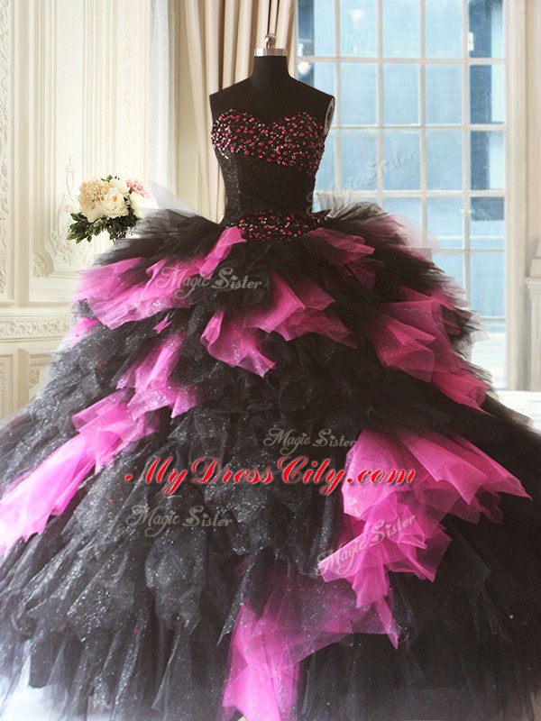 Ball Gowns Vestidos de Quinceanera Pink And Black Sweetheart Tulle Sleeveless Floor Length Lace Up