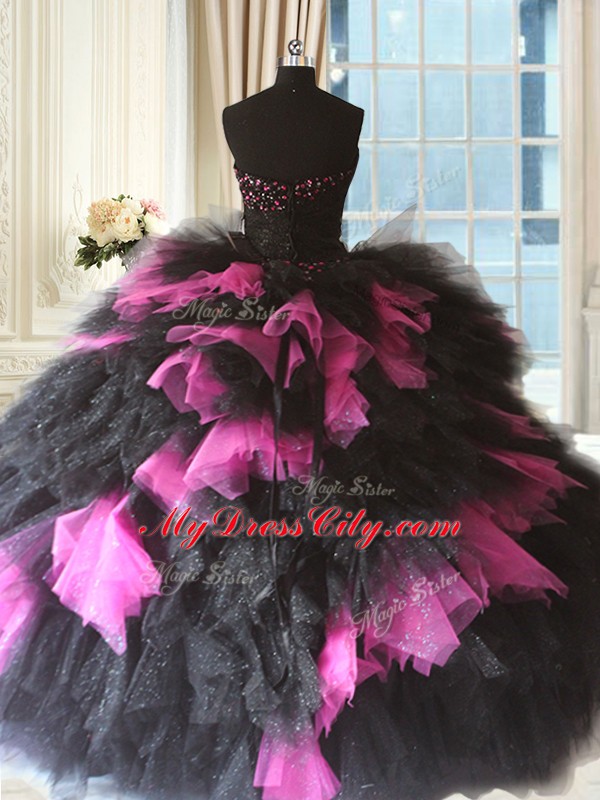 Ball Gowns Vestidos de Quinceanera Pink And Black Sweetheart Tulle Sleeveless Floor Length Lace Up