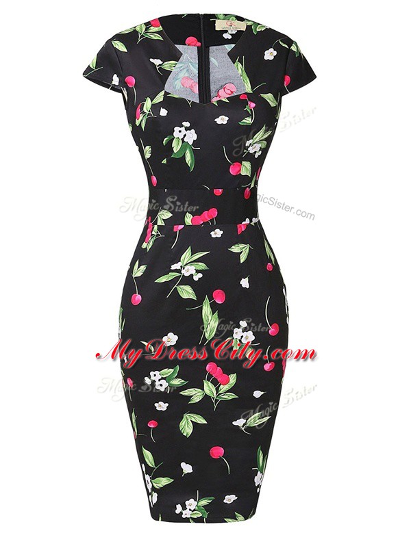 Luxurious Cap Sleeves Printed Knee Length Zipper Prom Dress in Multi-color with Pattern