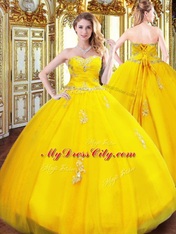 Gold Sleeveless Beading and Appliques Floor Length Vestidos de Quinceanera