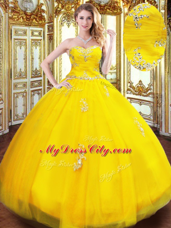 Gold Sleeveless Beading and Appliques Floor Length Vestidos de Quinceanera