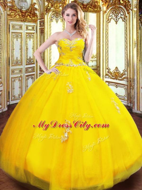 Gold Sleeveless Beading and Appliques Floor Length Vestidos de Quinceanera