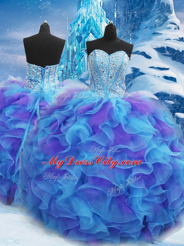 Blue Sweet 16 Dress Military Ball and Sweet 16 and Quinceanera with Beading and Ruffles Sweetheart Sleeveless Lace Up