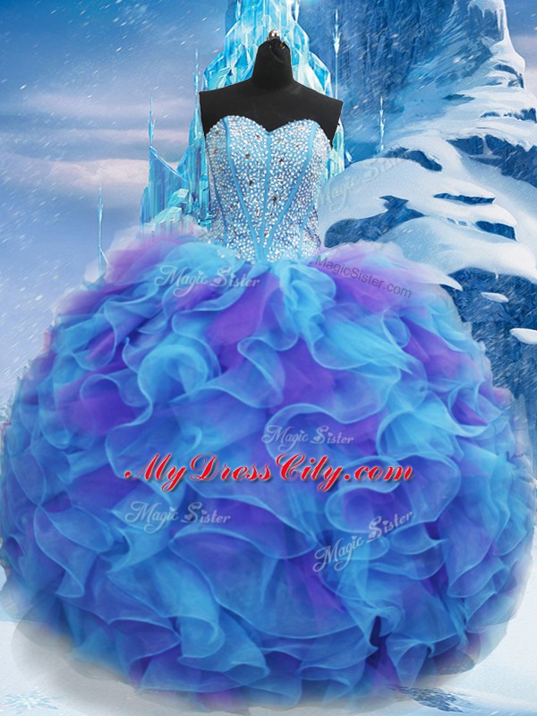 Blue Sweet 16 Dress Military Ball and Sweet 16 and Quinceanera with Beading and Ruffles Sweetheart Sleeveless Lace Up