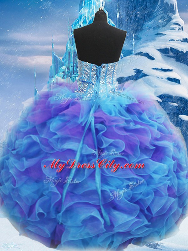 Blue Sweet 16 Dress Military Ball and Sweet 16 and Quinceanera with Beading and Ruffles Sweetheart Sleeveless Lace Up