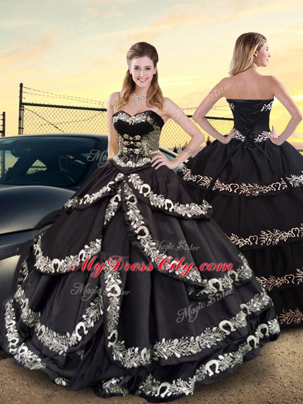 Sophisticated Floor Length Black Quinceanera Dresses Taffeta Sleeveless Embroidery and Ruffled Layers