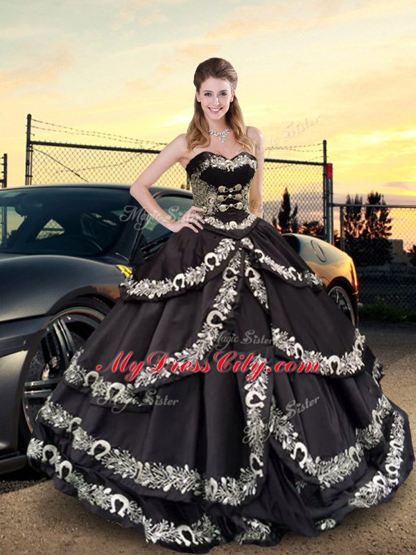 Sophisticated Floor Length Black Quinceanera Dresses Taffeta Sleeveless Embroidery and Ruffled Layers