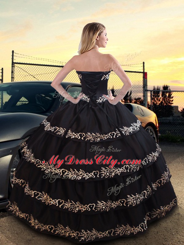 Sophisticated Floor Length Black Quinceanera Dresses Taffeta Sleeveless Embroidery and Ruffled Layers