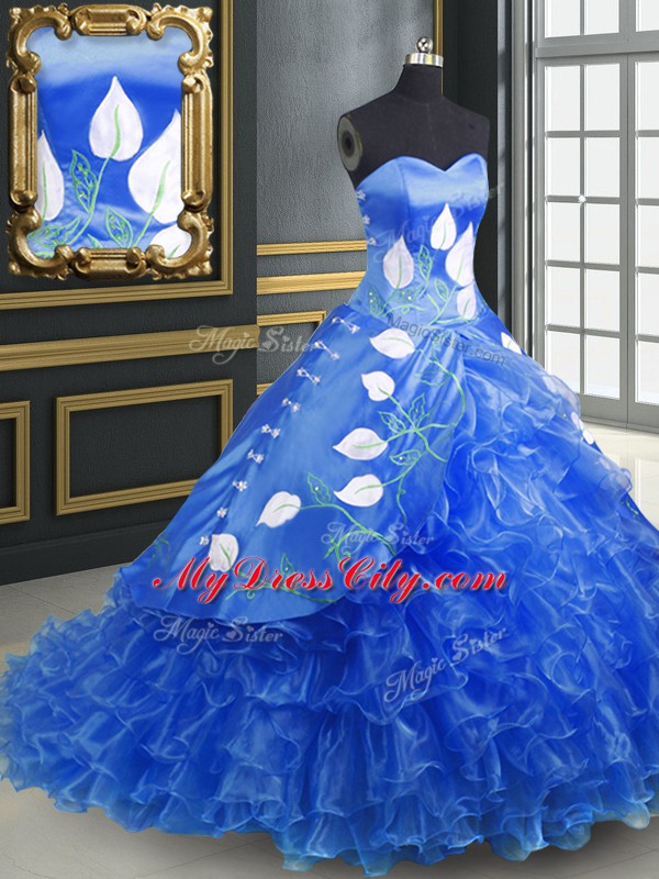 Custom Design Blue Sleeveless Embroidery and Ruffles Lace Up Quinceanera Gowns