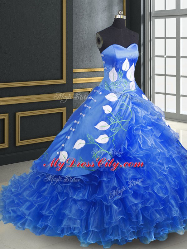 Custom Design Blue Sleeveless Embroidery and Ruffles Lace Up Quinceanera Gowns