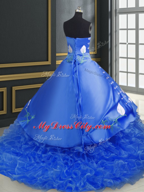 Custom Design Blue Sleeveless Embroidery and Ruffles Lace Up Quinceanera Gowns