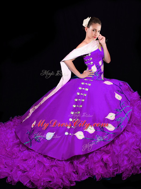 Shining Sweetheart Sleeveless Brush Train Lace Up 15th Birthday Dress Eggplant Purple Organza