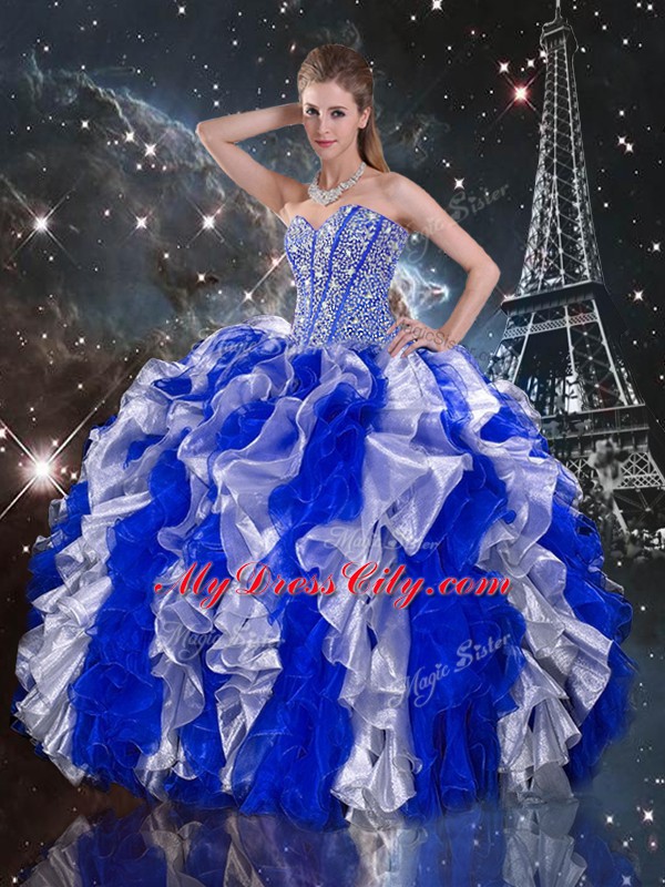 Comfortable Sleeveless Floor Length Beading and Ruffles Lace Up Quinceanera Gowns with Multi-color