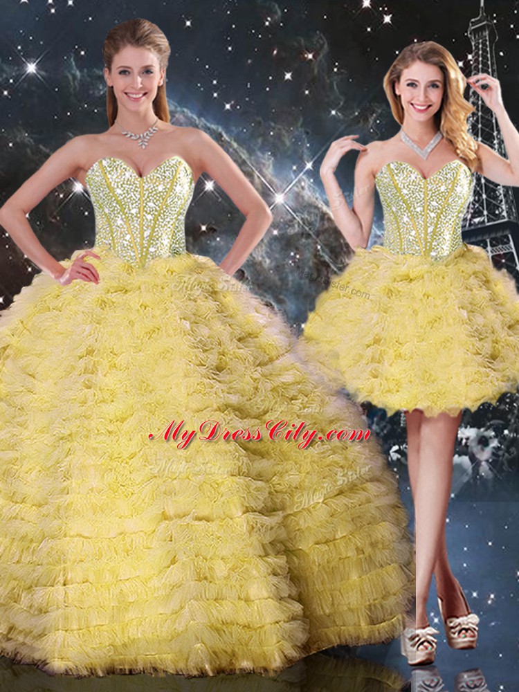 Floor Length Ball Gowns Sleeveless Yellow Quinceanera Gowns Lace Up