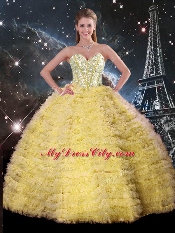 Floor Length Ball Gowns Sleeveless Yellow Quinceanera Gowns Lace Up