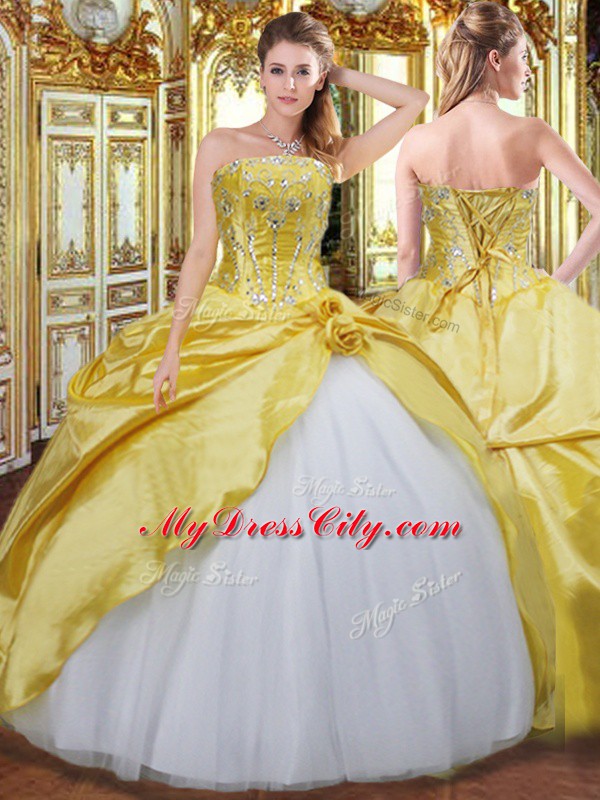 Exceptional Gold Lace Up Strapless Beading and Hand Made Flower Sweet 16 Quinceanera Dress Taffeta Sleeveless