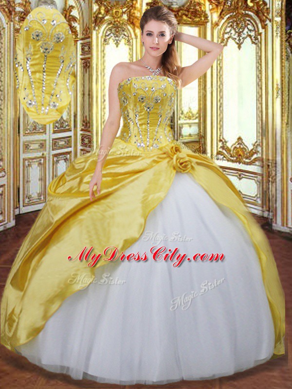 Exceptional Gold Lace Up Strapless Beading and Hand Made Flower Sweet 16 Quinceanera Dress Taffeta Sleeveless