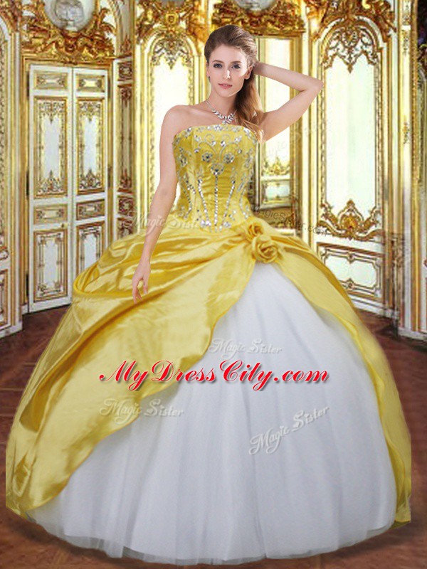 Exceptional Gold Lace Up Strapless Beading and Hand Made Flower Sweet 16 Quinceanera Dress Taffeta Sleeveless