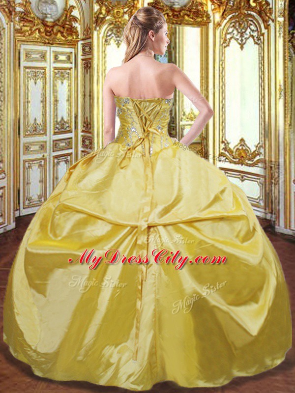 Exceptional Gold Lace Up Strapless Beading and Hand Made Flower Sweet 16 Quinceanera Dress Taffeta Sleeveless