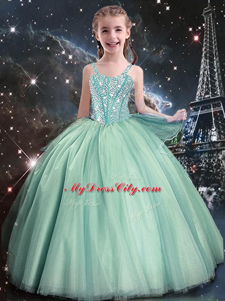 Turquoise Straps Neckline Beading Girls Pageant Dresses Sleeveless Lace Up