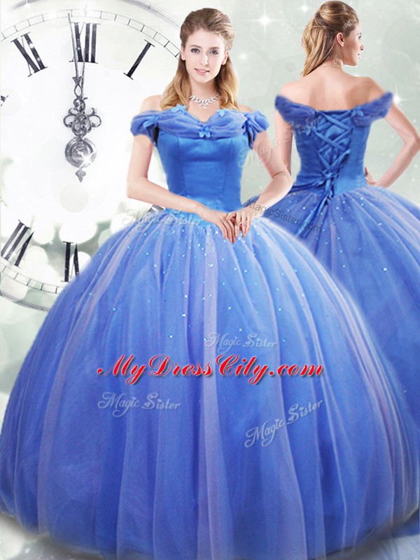 Luxury Light Blue Ball Gowns Tulle Off The Shoulder Sleeveless Pick Ups Lace Up Vestidos de Quinceanera Brush Train