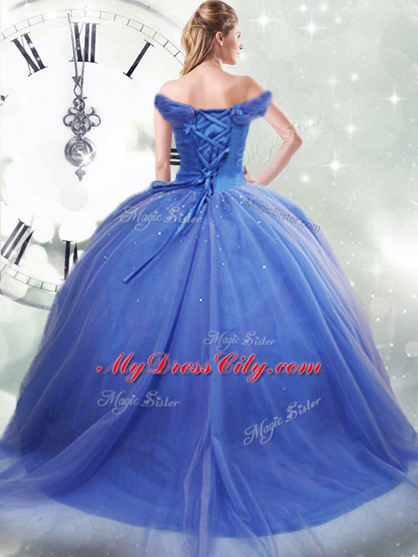 Luxury Light Blue Ball Gowns Tulle Off The Shoulder Sleeveless Pick Ups Lace Up Vestidos de Quinceanera Brush Train