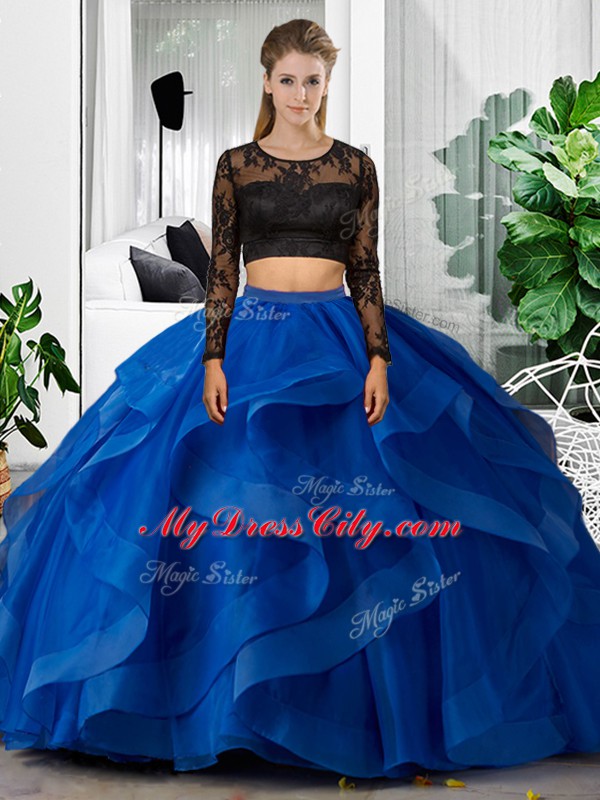 Blue Long Sleeves Floor Length Lace and Ruffles Backless Sweet 16 Dresses