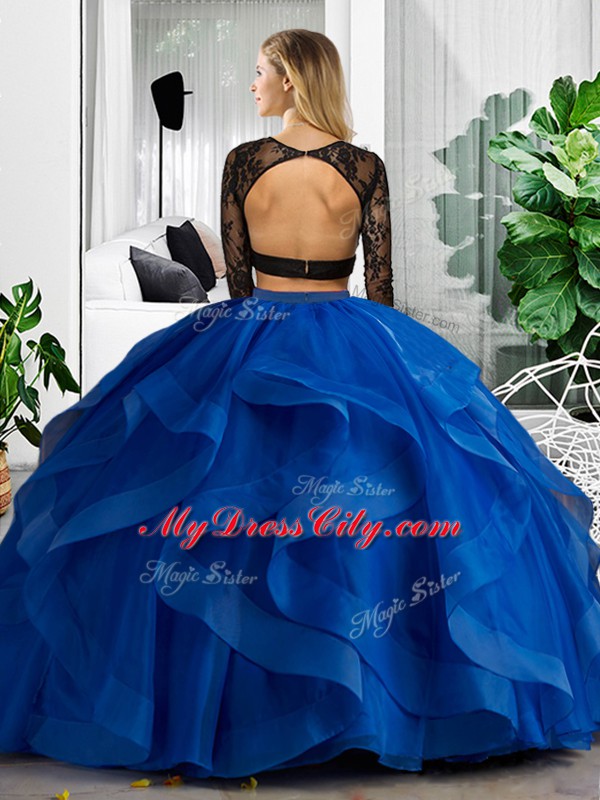 Blue Long Sleeves Floor Length Lace and Ruffles Backless Sweet 16 Dresses