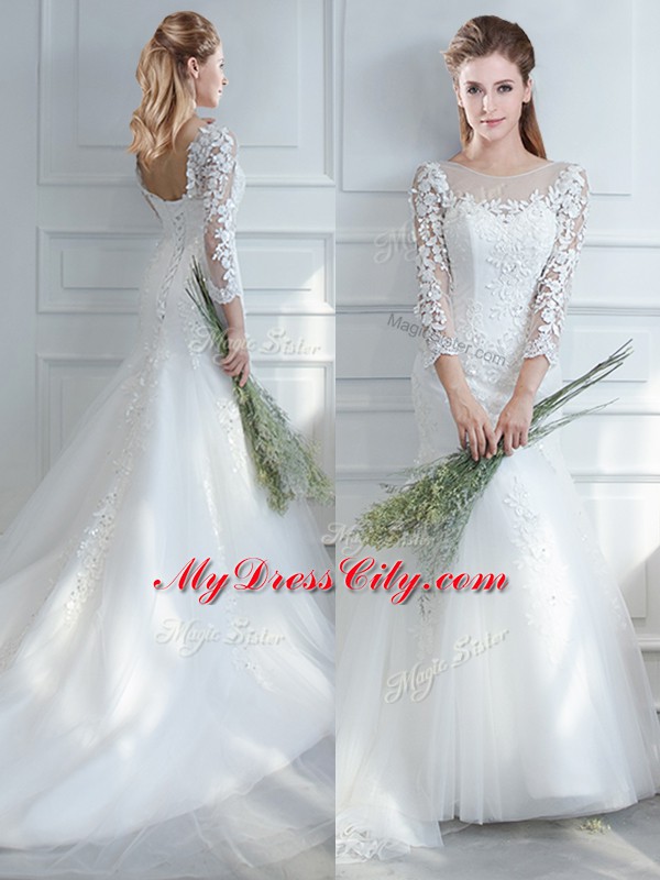 Customized Lace Wedding Dresses White Lace Up Long Sleeves Court Train