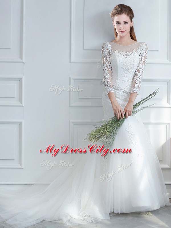 Customized Lace Wedding Dresses White Lace Up Long Sleeves Court Train