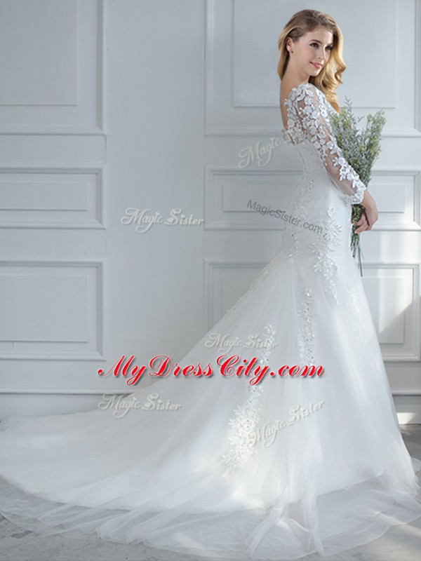 Customized Lace Wedding Dresses White Lace Up Long Sleeves Court Train