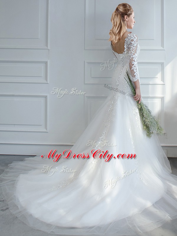 Customized Lace Wedding Dresses White Lace Up Long Sleeves Court Train