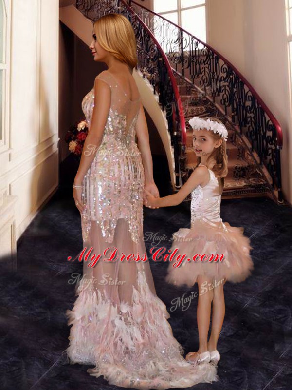 Wonderful Pink Tulle Zipper V-neck Sleeveless With Train Prom Evening Gown Brush Train Beading and Ruffles and Sequins