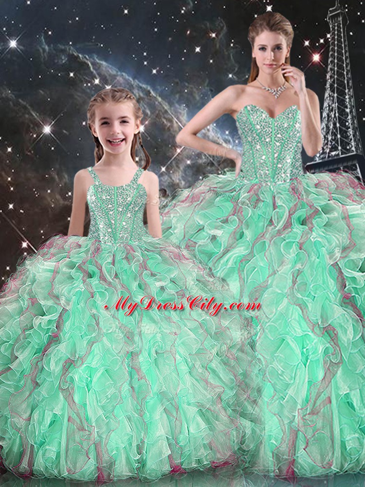 Dramatic Turquoise Lace Up Sweet 16 Quinceanera Dress Beading and Ruffles Sleeveless Floor Length