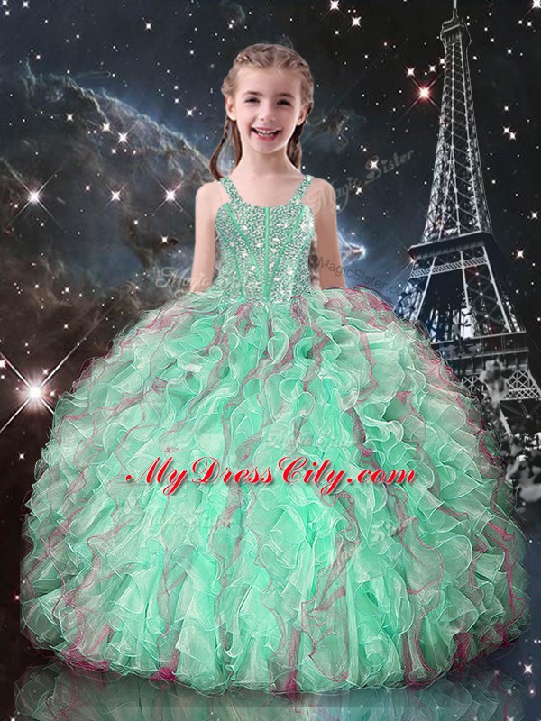 Dramatic Turquoise Lace Up Sweet 16 Quinceanera Dress Beading and Ruffles Sleeveless Floor Length