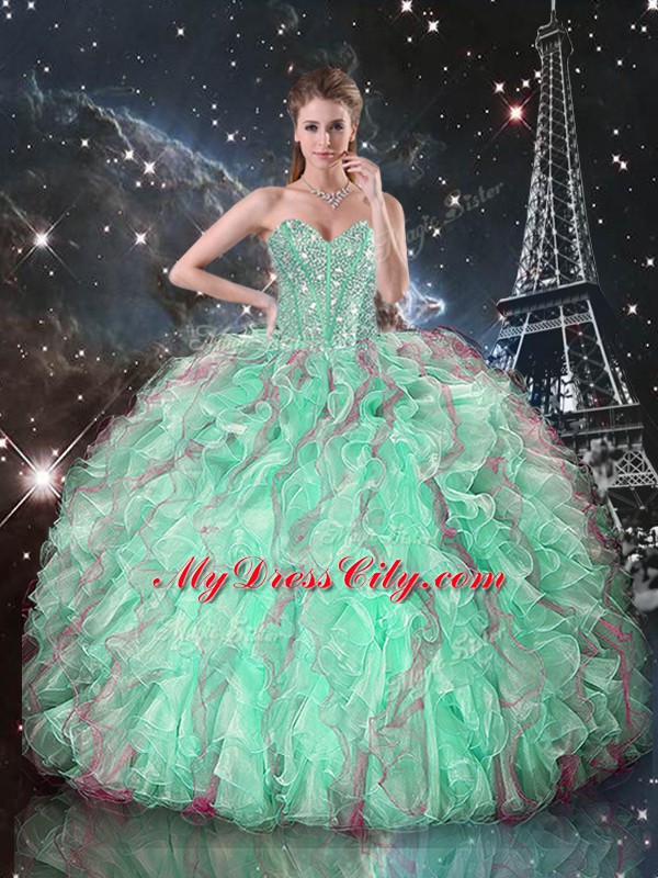 Dramatic Turquoise Lace Up Sweet 16 Quinceanera Dress Beading and Ruffles Sleeveless Floor Length